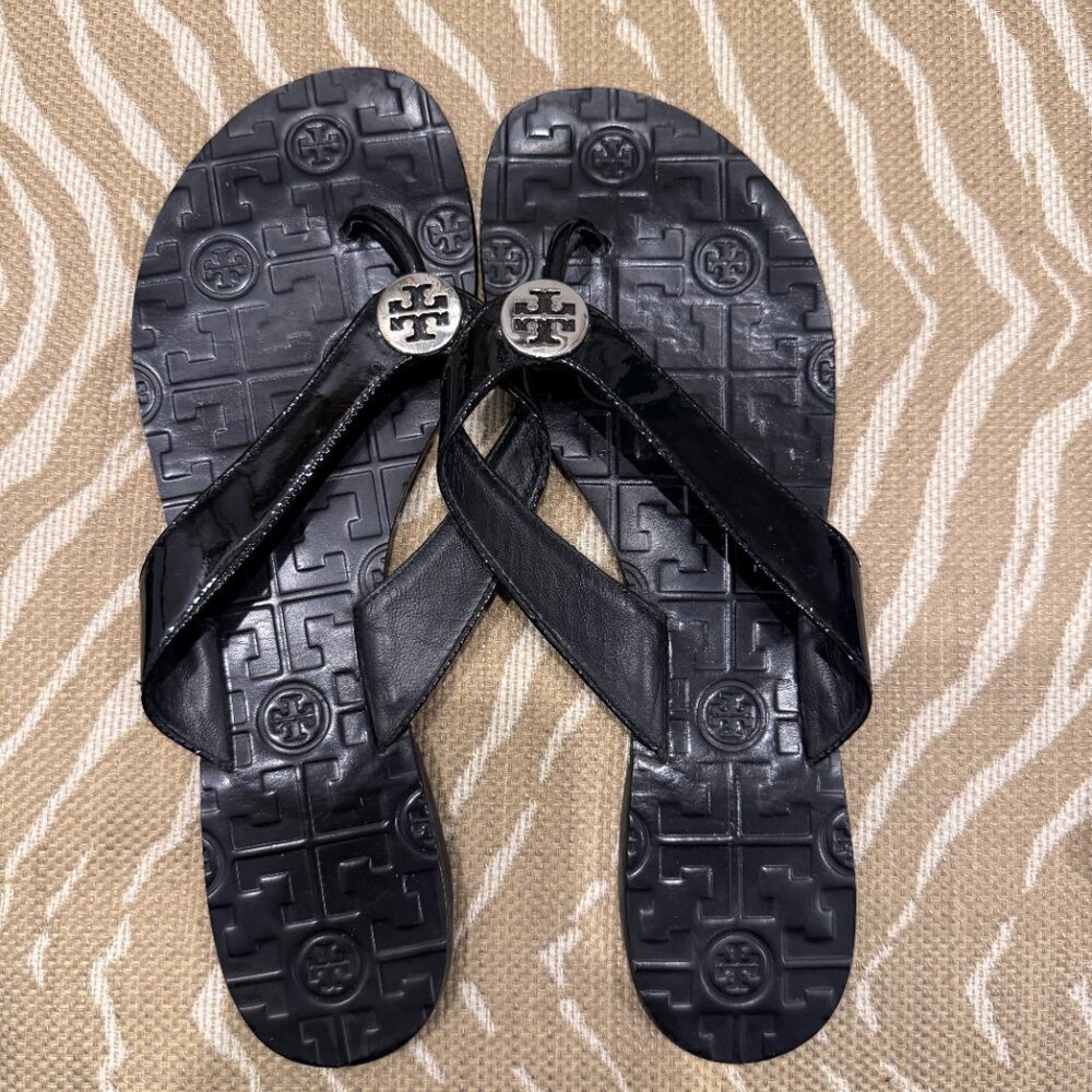Tory Burch Black Patent Slides with Silver Hardware